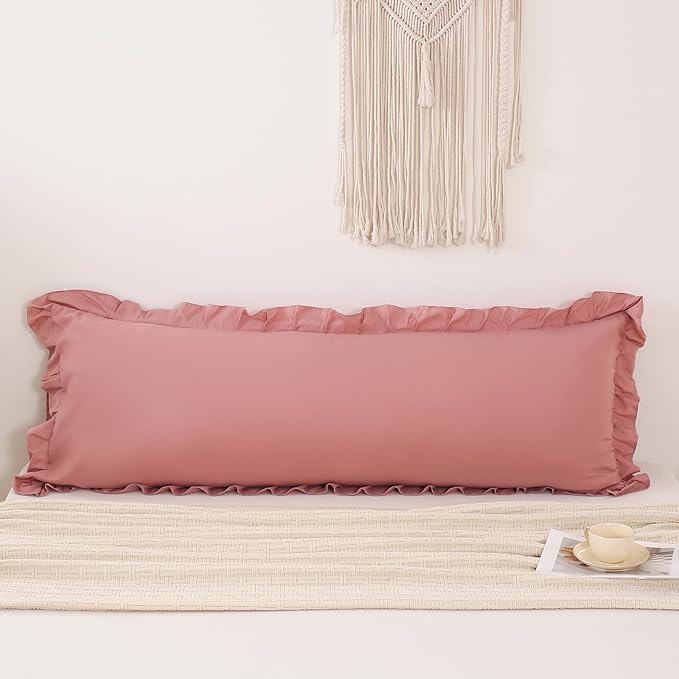 Merryword Pink Mocha Body Pillow Cover 20x54inches Long Pillowcase Ruffled Pillowcases Shabby Chic Ruffled Fringe Decor Body Ruffled Pillow Sham Cute Pillowcase (1 Body, Pink Mocha)