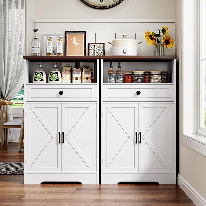 White Floor Cabinet, Farmhouse Storage Cabinet with Barn Doors and Drawer, Freestanding Adjustable Shelf Cabinets for Bathroom, Kitchen, Living Room