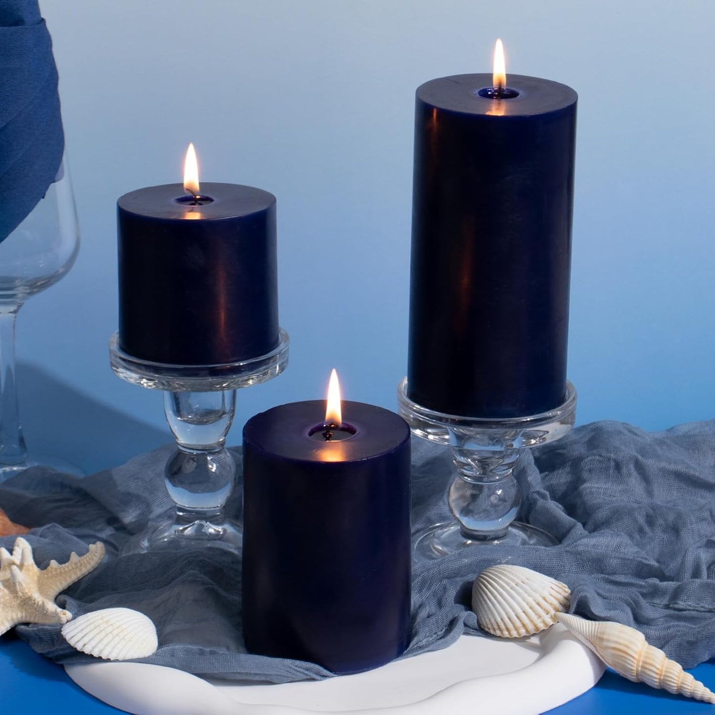 KONNI Navy Blue Pillar Candles Set of 3, 3"x 6" Unscented Pillar Candles Bulk, 56 Hours Long Burning Candles, Smokeless&Dripless Large Round Candle for Wedding, Home Decoration, Parties, Spas, Dinner