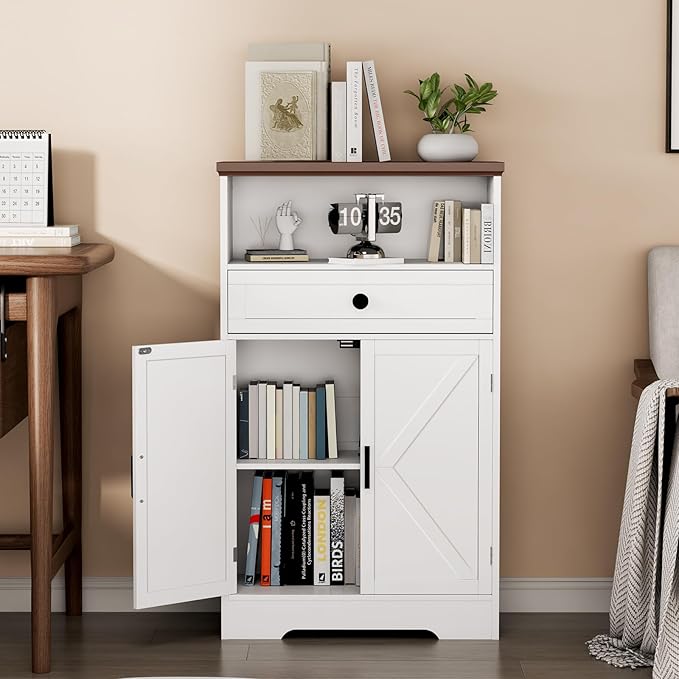 White Floor Cabinet, Farmhouse Storage Cabinet with Barn Doors and Drawer, Freestanding Adjustable Shelf Cabinets for Bathroom, Kitchen, Living Room