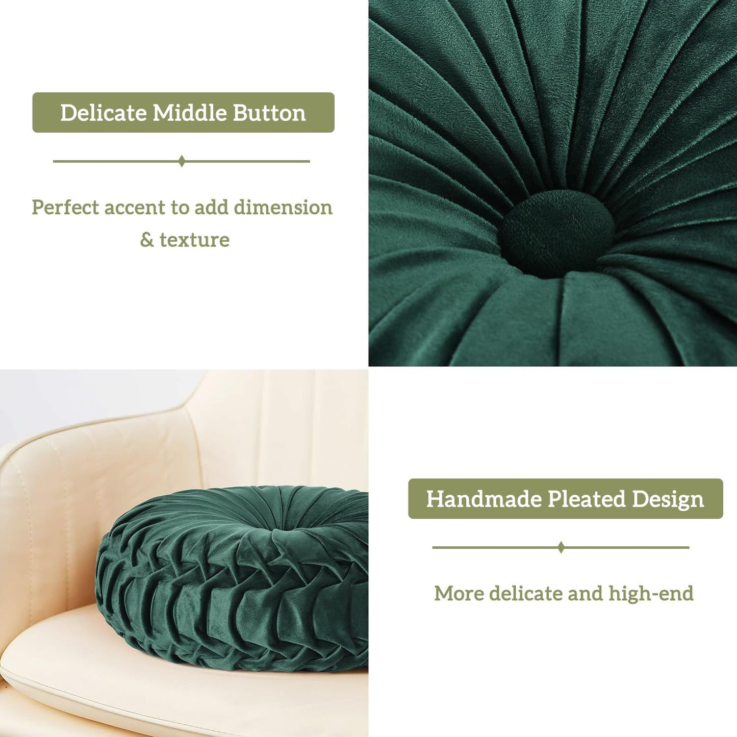HIG Set of 2 Decorative Round Pleated Throw Pillows, Classy Accent Pumpkin Throw Pillows with Center Button, Vintage Velvet Floor Pillows for Sofa Vanity Chair Bed, Emerald, 14.5" Diameter(Ripple)