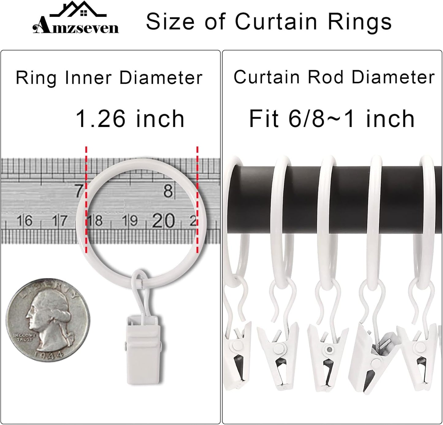 100 Pack Curtain Rings with Clips, Drapery Clips with Rings, Drapes Rings 1.26 in Interior Diameter, Fits up to 1 Inch Curtain Rod, White