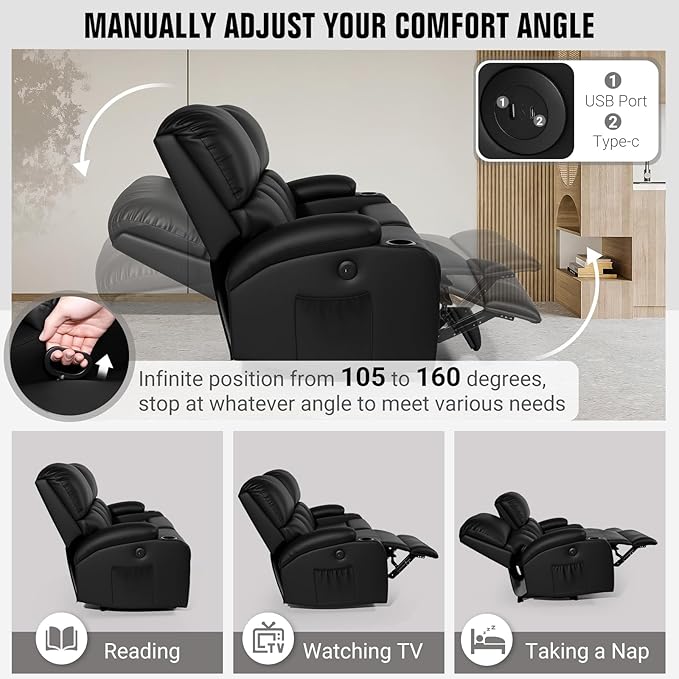 Home Theater Seating,RV Recliner Sofa with Massage and Heat,Manual RV Recliner Loveseat with USB/Cup Holders and Side Pocket for Living Room,3 Seater Black