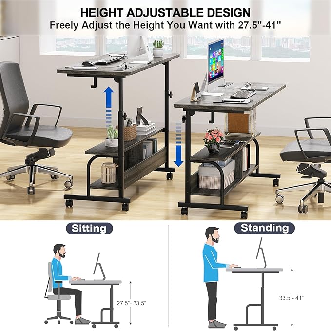 Height Adjustable Standing Desk with Power Outlets, 47" Manual Stand Up Desk with Storage Shelves Small Mobile Rolling Computer Desk Portable Laptop Table with Wheels for Home Office, Grey Oak