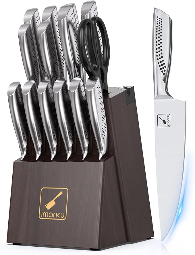 imarku Knife Set, 15-Pieces HC Stainless Steel Kitchen Knife Set With Built in Knife Sharpener, Razor-Sharp Blade Knife Block Set With Non-Slip Handle, Dishwasher Safe, Best Birthday Gifts