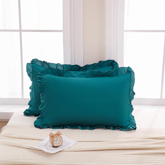 Merryword Teal Blue Pillow Ruffled Shams Blue King Pillowcases Cute Pillow Cover Set of 2 Soft Shabby Chic Pillowcases 2 Pack (King (20''x36''), Teal Blue)