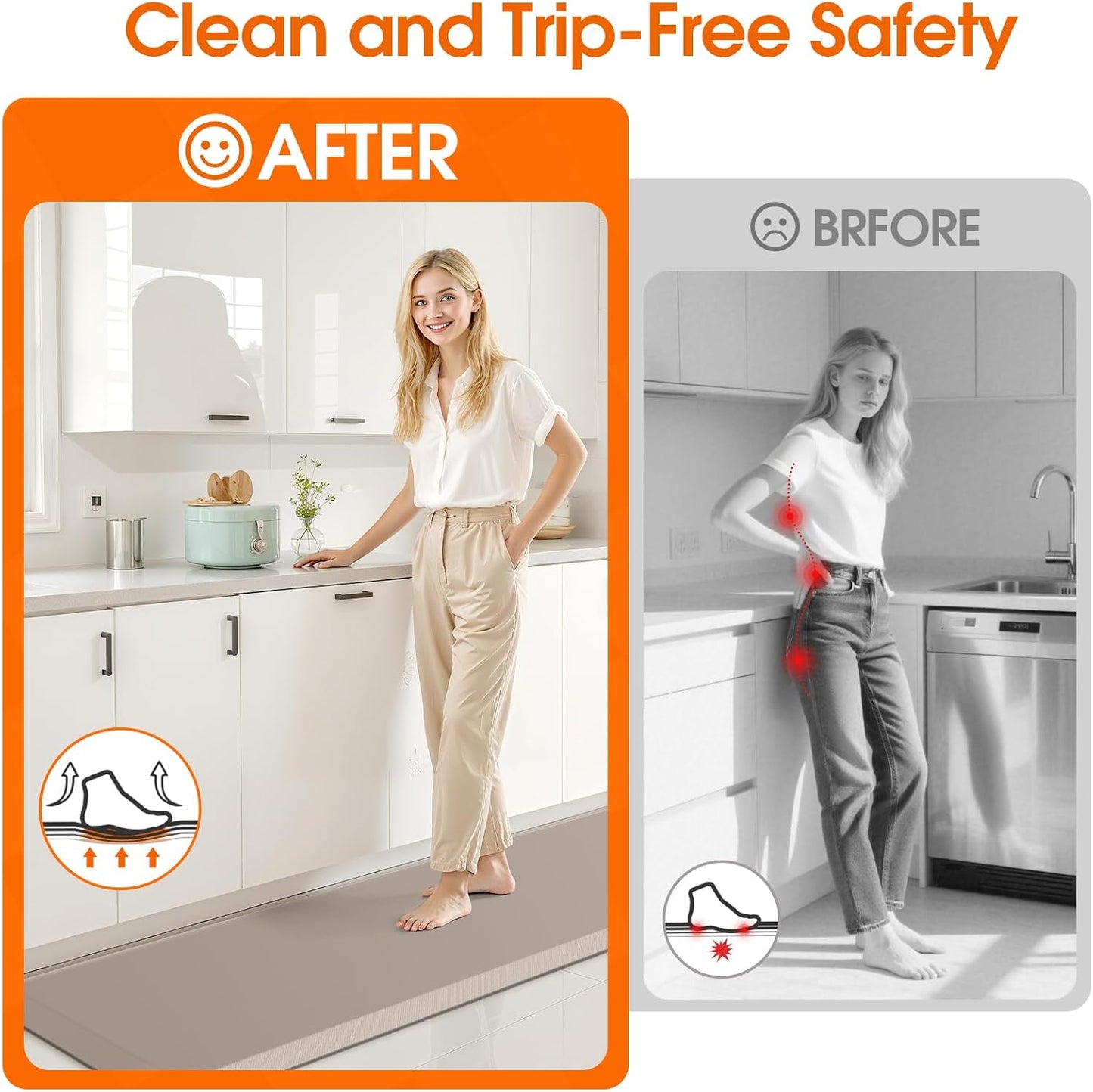 Kitchen Mat, Cushioned Thick Floor Comfort Mat, with Non-Slip Bottom, Waterproof & Stain Resistant & Easy Clean, Standing Desk Mat for Kitchen, Sink, Office (17.3''x60'', Khaki)