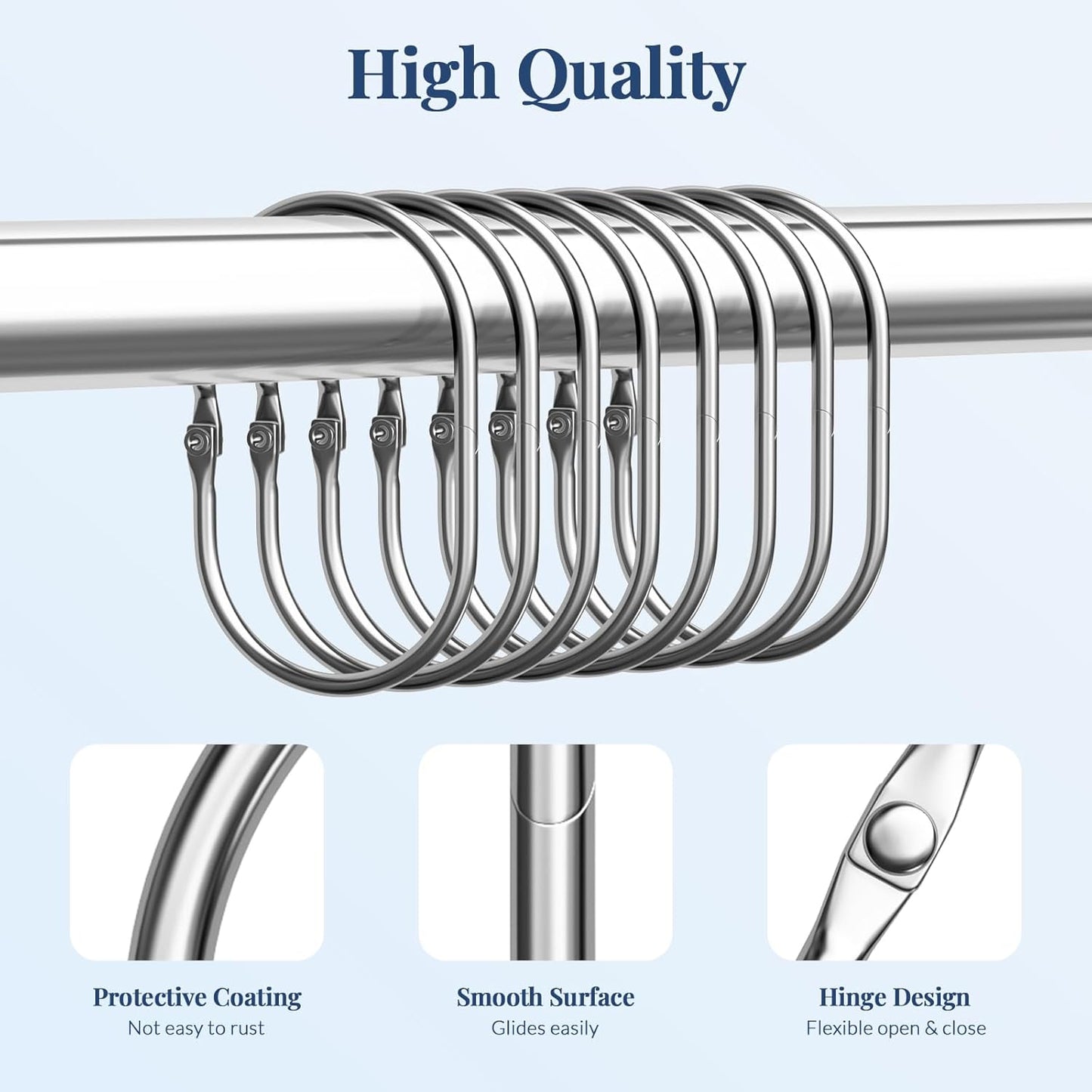 Chrome Shower Curtain Rings - 12 Pcs Anti-Drop, Rust Proof Metal Shower Hooks for Curtain Rod