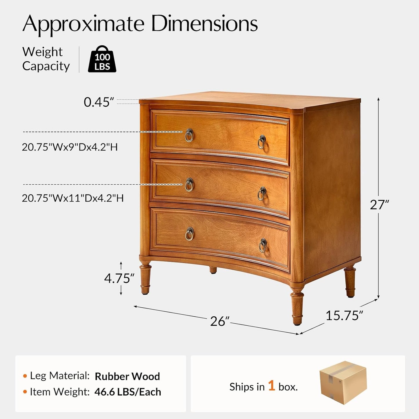 HULALA HOME 3 Drawer Nightstand with Charging Station, 26" Wide Nightstand with Solid Wood Legs and Curved Profile, Classic Bedside Table for Living Room Bedroom, Acorn