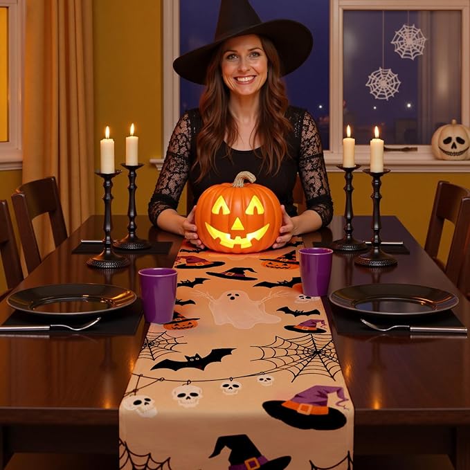Halloween Table Runner with Ghosts, Bats, Pumpkins & Spooky Motifs, Table Decoration for Dining Party and Home Decor,48x13 inches