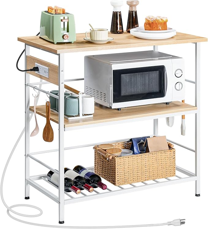HOOBRO Kitchen Island with Storage, Kitchen Island Table with Power Outlet, 3 Tier Coffee Station and Microwave Stand, for Home, Kitchen and Dining Room, Natural and White WN021ZD01