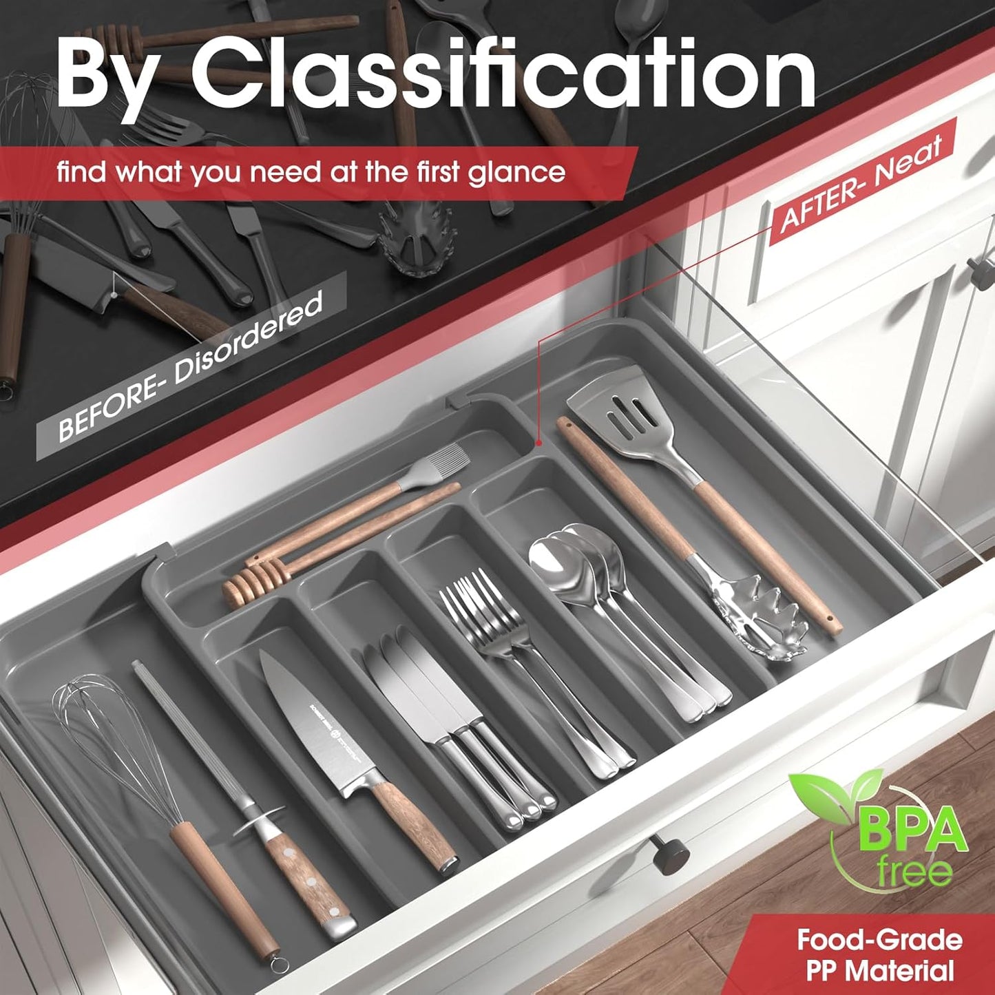 Aujen Silverware Organizer - Expandable Kitchen Drawer Organizer, Adjustable Utensil Organizer, Cutlery Tray for Forks, Knives, Multipurpose Kitchen Organizers and Storage Solution, Grey, Medium