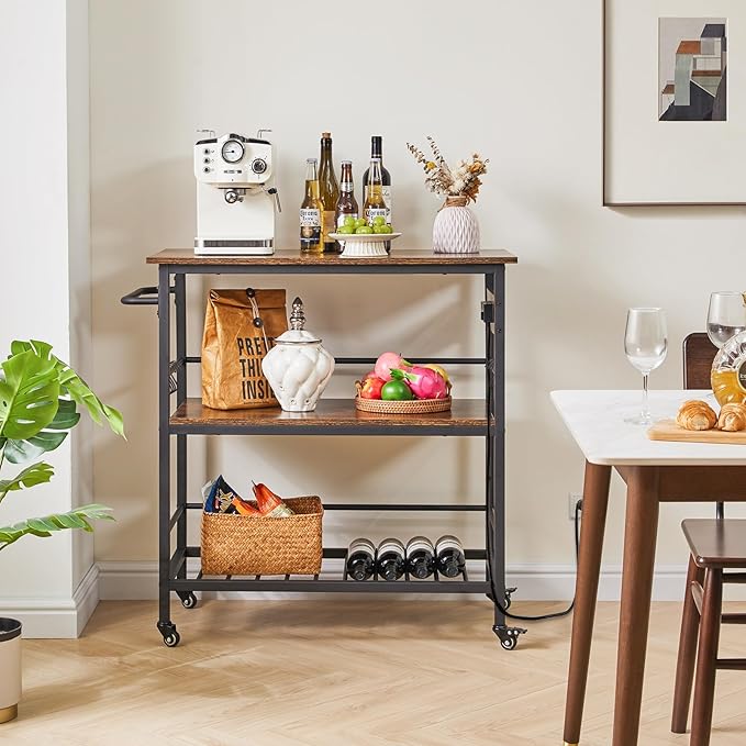 IBUYKE Kitchen Island with 3 Shelves, Island Table for Kitchen with Power Outlet,Kitchen Cart with Large Worktop,Rolling Bar Cart for Home, Outdoor, Kitchen TMJ024H