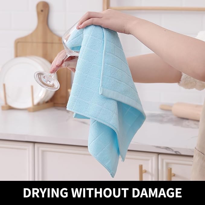 Homaxy 100% Cotton Terry Kitchen Towels(Sky Blue, 13 x 28 inches), Checkered Designed, Soft and Super Absorbent Dish Towels, 8 Pack