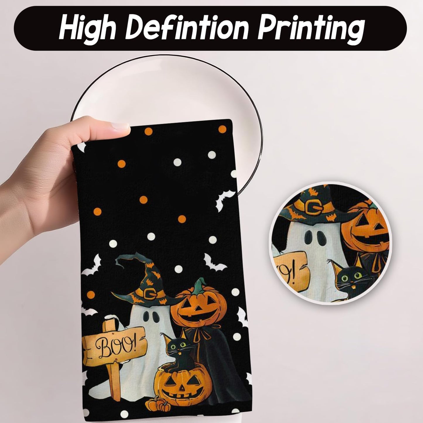 Ghost Pumpkins Cat Boo Halloween Kitchen Towels, Trick OR Treat Dish Towels, Holiday Home Indoor Bathroom Party Seasonal Decorations Hand Towels Set of 2, 18x26 Inch