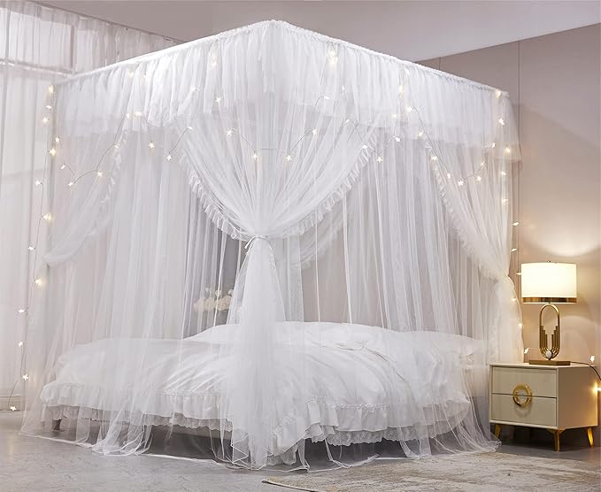 VETHIN 4 Corners Post Ruffle Princess Bed Canopy Curtain-Double Layer Cozy Drape Netting 4 Opening Mosquito Net for Girls Adults Bedroom Decoration (White/White, 47" W*78" L*82" H/Twin)
