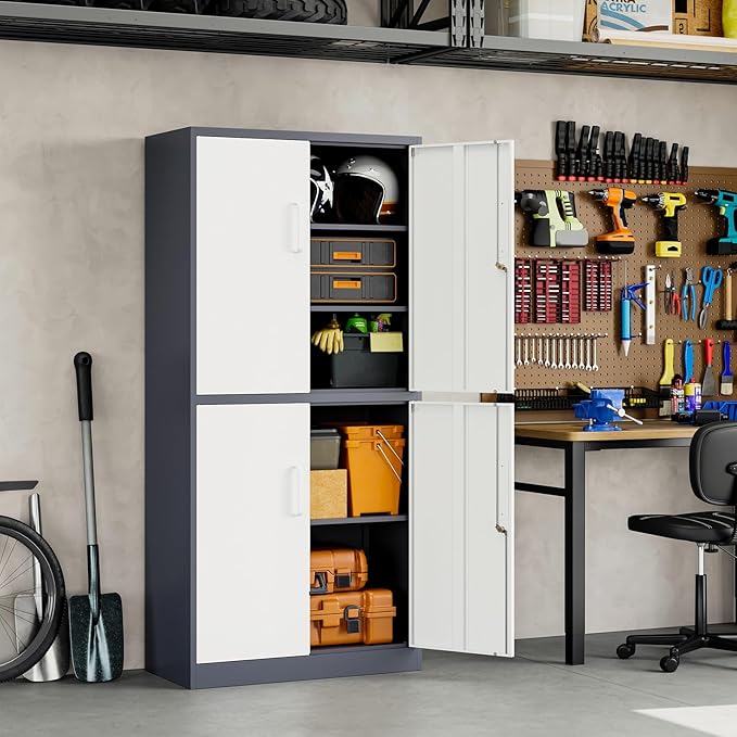 Yizosh Metal Storage Locking Cabinet with 4 Doors and 2 Adjustable Shelves,71" Lockable Garage Tall Steel Cabinet,for Home Office,Living Room,Pantry,Gym,Commercial Storage (Gray White)