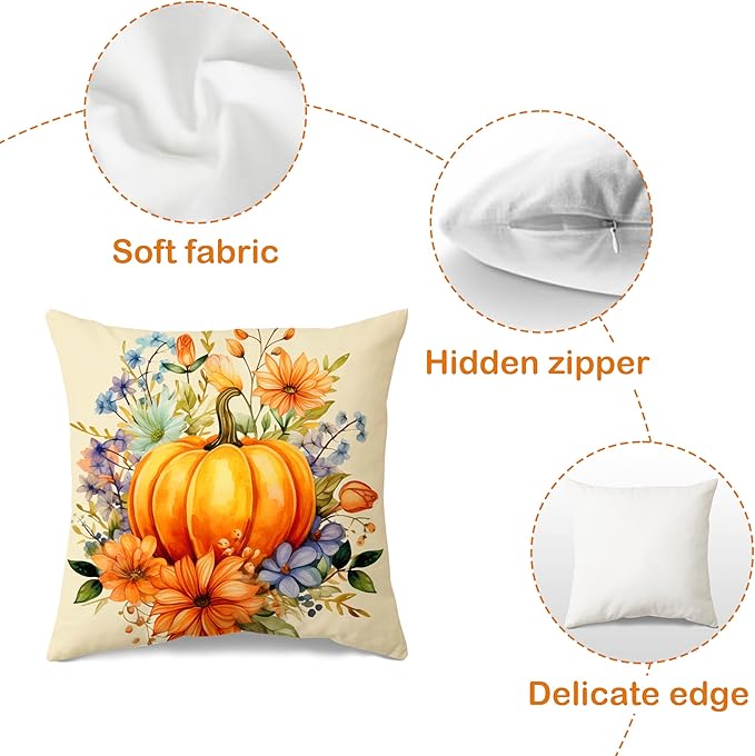 JioJio Chan Fall Pillow Covers 18x18 - Autumn Thanksgiving Pumpkin Throw Pillow Covers for Sofa Couch Set of 4, Hello Pumpkin Hello Fall Decoration for Home Bedroom Living Room Decor Outdoor Indoor