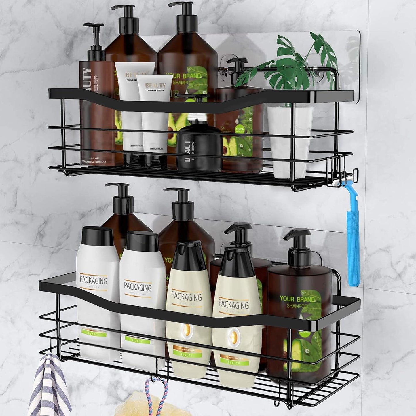 Orimade Adhesive Shower Caddy Shelf with 5 Hooks Organizer Storage Rack Rustproof Wall Mounted Stainless Steel No Drilling for Bathroom, Toilet, Kitchen - 2 Pack,Black