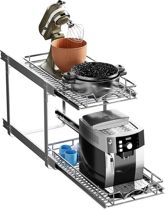 HOLDN’ STORAGE Two Tier Pull Out Cabinet Organizer, Individual Sliding Drawers - Heavy Duty Metal with Lifetime Limited Warranty - Anti Rust Chrome Finish - 11.5" W x 21”D x 16.5" H