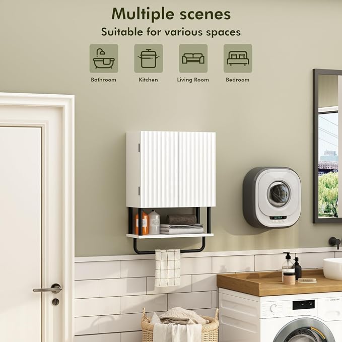 RUSTOWN Fluted Bathroom Wall Cabinet with 2 Doors, 3-Tier Modern Farmhouse Medicine Cabinet, Over The Toilet Storage Cabinet with Adjustable Shelf and Towel Bar(White, Small)
