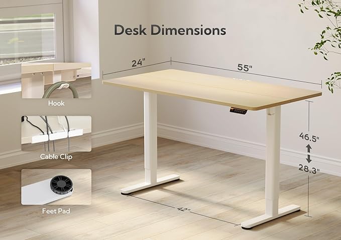 Claiks Electric Standing Desk, Adjustable Height Stand up Desk, 55x24 Inches Sit Stand Home Office Desk with Splice Board, White Frame/Nature Top