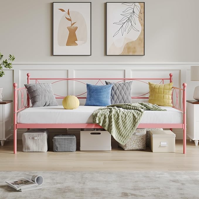 IDEALHOUSE Twin daybed with Trundle, Metal Twin Daybed and Trundle Set, Day Bed Sofa Bed Frame with Steel Slat Support, Multifunctional Daybed Frame for Bedroom (Pink Daybed)