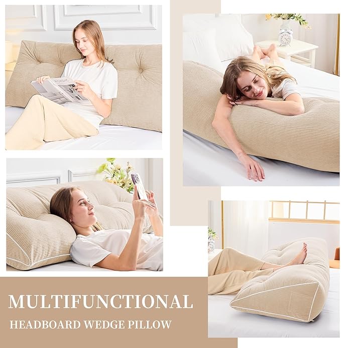 Sasttie Headboard Pillow Full, Wedge Pillow Headboard for Sitting Up in Bed, Back-Rest Support Triangular Cushion for Reading - Features Removable Washable Cover, Beige