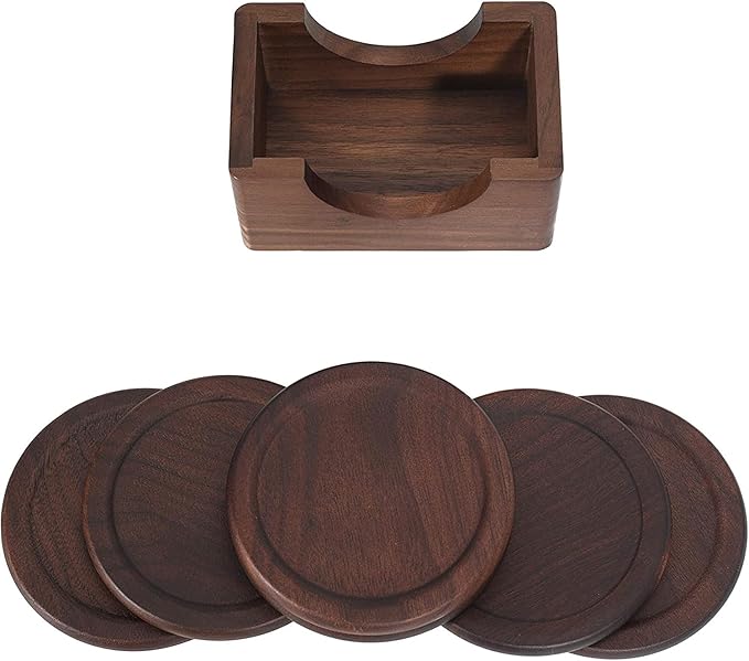 Mu&Ti Classic Walnut Dark Coaster Set of 6 Pieces. Including The Holder Pure Natural Wood and Texture. Wonderful Decor for Dining Tables and Office Tables