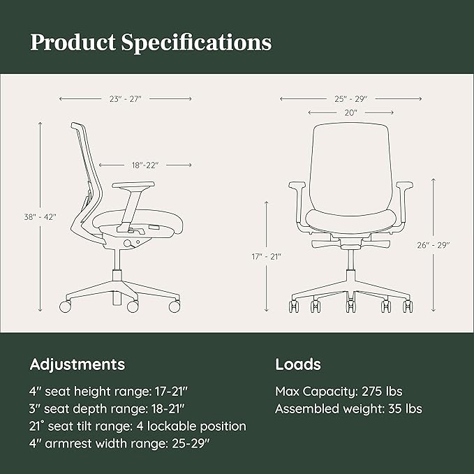 Branch Ergonomic Chair - A Versatile Desk Chair with Adjustable Lumbar Support, Breathable Mesh Backrest, and Smooth Wheels - Experience Optimal Comfort and Support - Sand - White