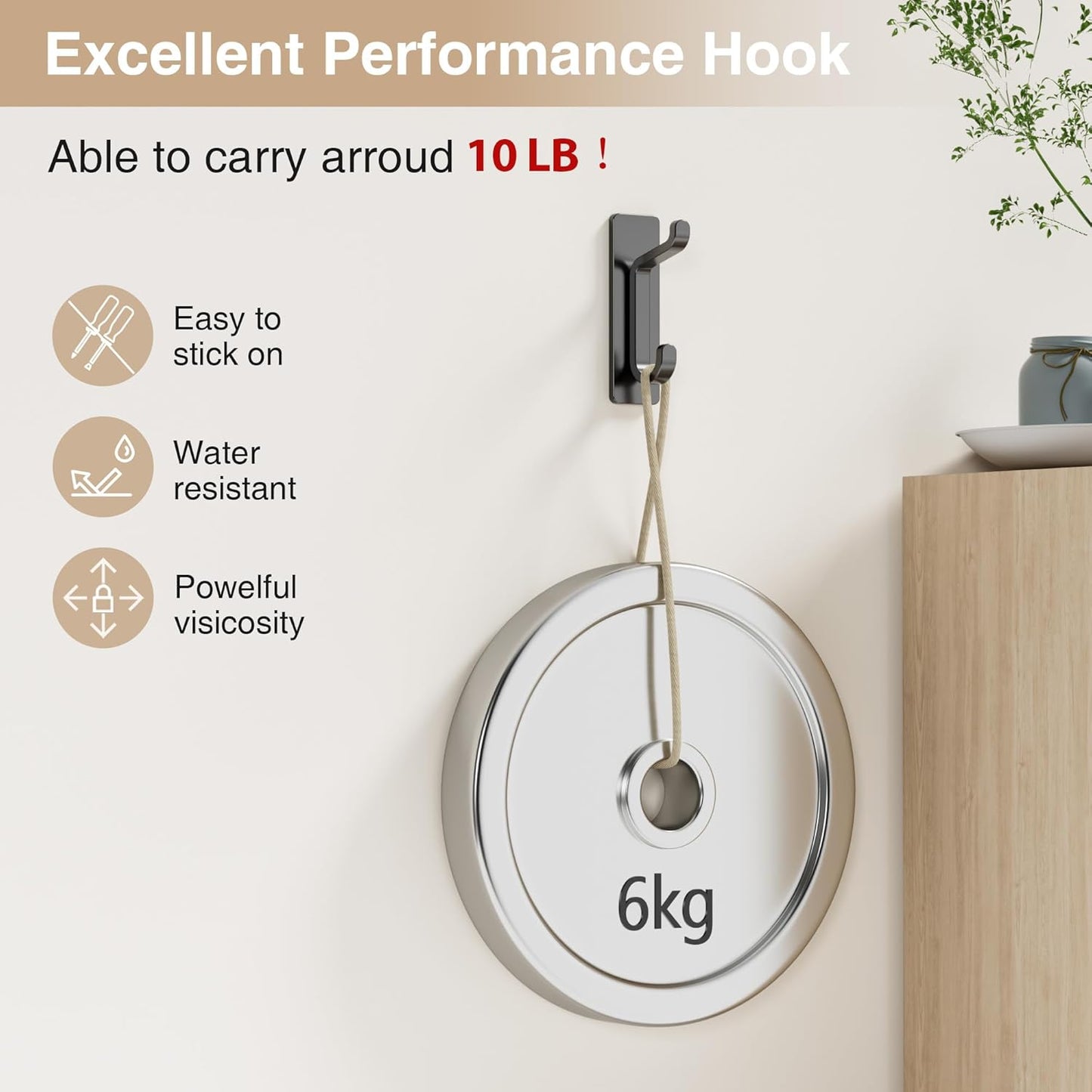 Self Adhesive Wall Hooks for Hanging: Extra Strong 13 LB, Hook for Coat, Towel in Bathrooms, Shower, Kitchen, Wall, Door Hook, Black 4 Pack