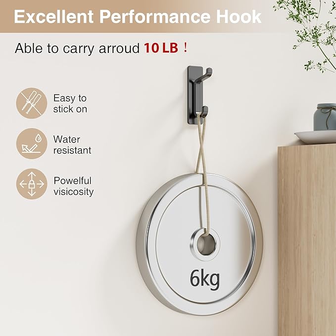 Self Adhesive Wall Hooks for Hanging: Extra Strong 13 LB, Hook for Coat, Towel in Bathrooms, Shower, Kitchen, Wall, Door Hook, Black 6 Pack