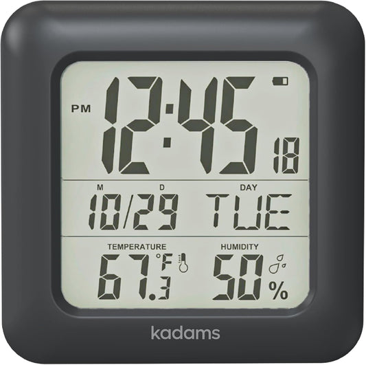 KADAMS Bathroom Clock 9.5" Kitchen Wall Clock with Large LCD Screen – Shower Clock with Suction Cup,Temperature, Humidity, Calendar – Water-Resistant, 4 Mounting Options, Black