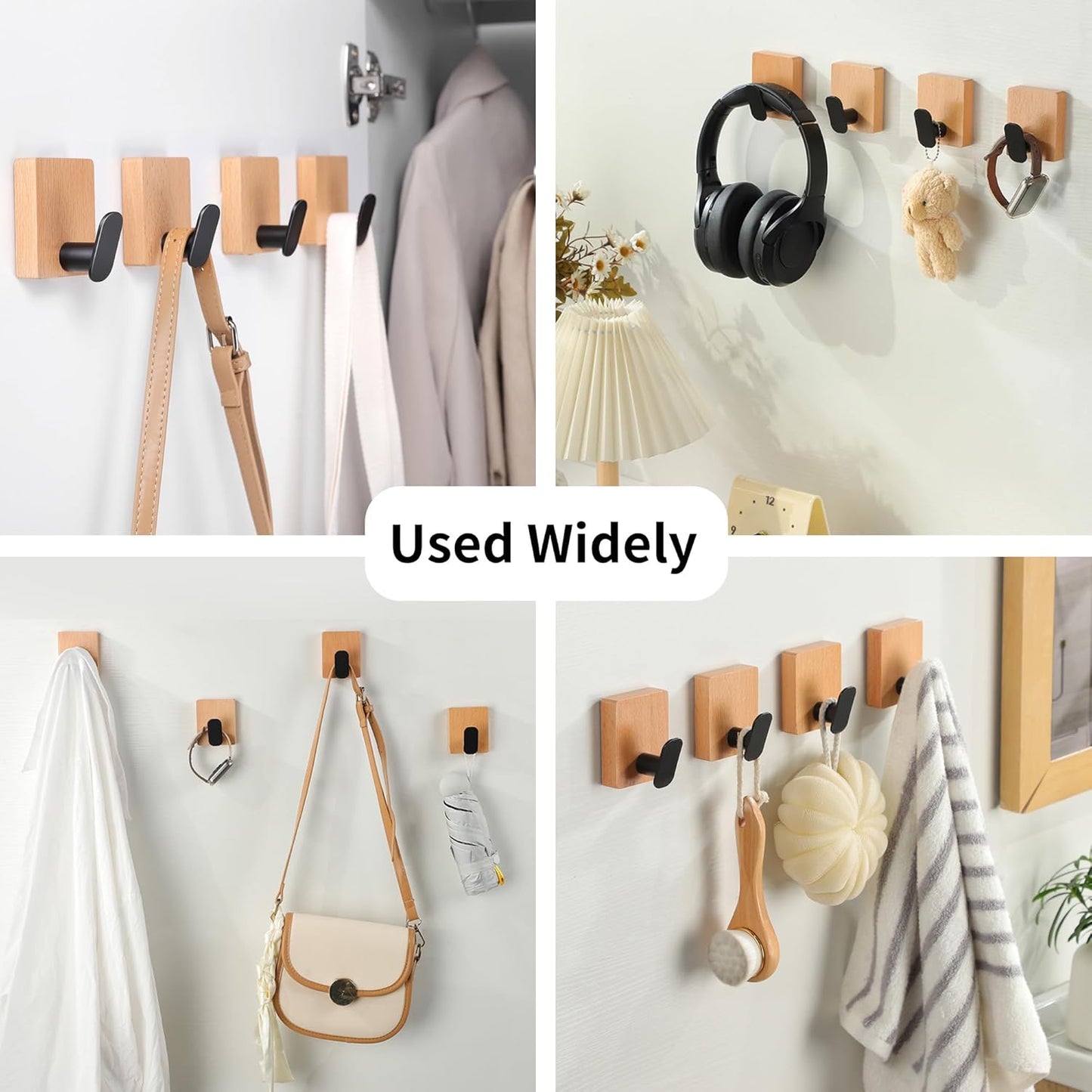 DELITON Towel Hooks Wall Mounted - Adhesive Bathroom Coat Hooks for Hanging Robes Clothes Light Brown, Black Solid Wood Beech Wall Hook 4 Packs