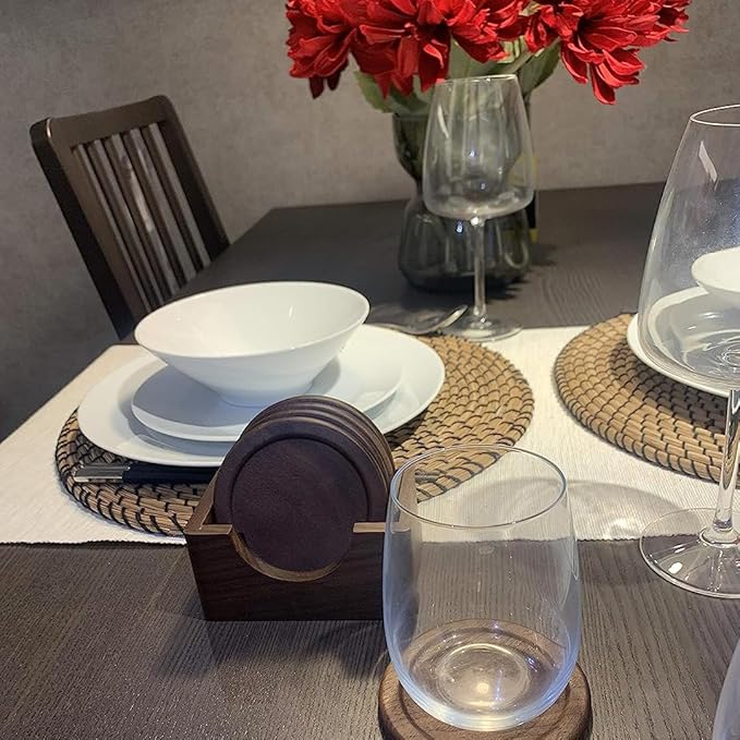 Mu&Ti Two Sets 100% Natural Wood Coaster, Coffee Beer Coaster, Walnut Dark Wood Wonderful Decor for Dining Tables and Office Tables, Holder Included (Black Walnut Two Sets)