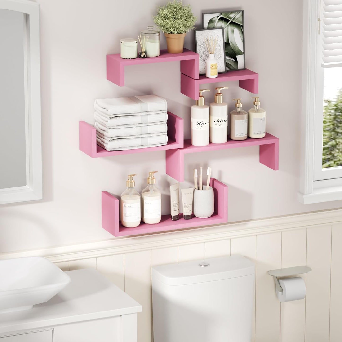 SRIWATANA Floating Shelves, Wall Shelves for Bathroom, Bedroom, Living Room, Kitchen, Office, Wood Shelves for Wall Decor Set of 5 (Pink)