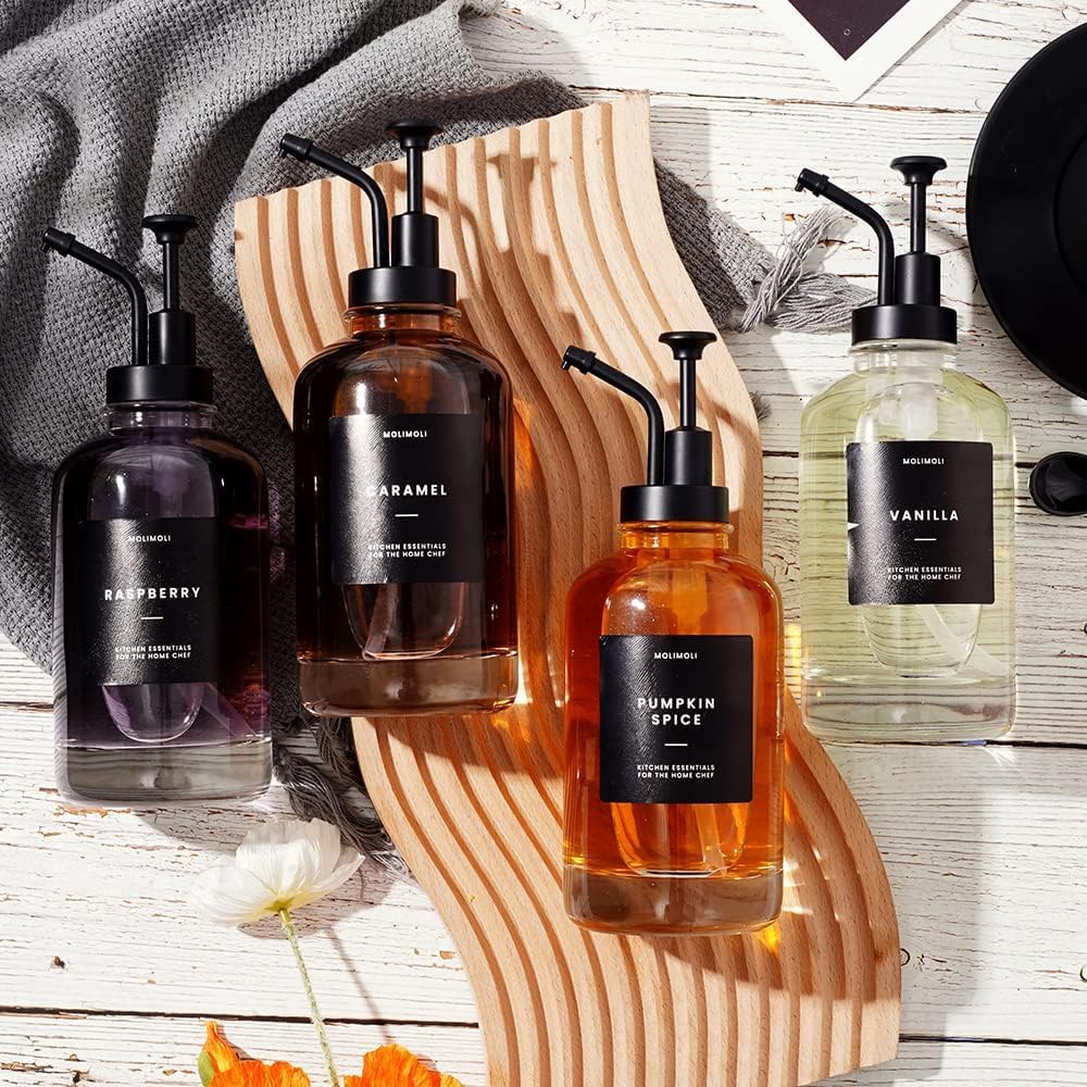 Molimoli Coffee Syrup Dispenser for Coffee Bar, Pump Dispenser, Glass Syrup Bottle w. Upgraded Pump, 16.9 oz 500 ml, Set of 2, Black