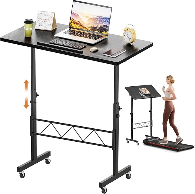 COMHOMA Small Standing Desk Adjustable Height & Tiltable Tabletop, Mobile Stand Up Desk for Laptop, Portable Computer Table for Home Office Work and Walking Pad Treadmill, Height 30.7"-46.4", Black