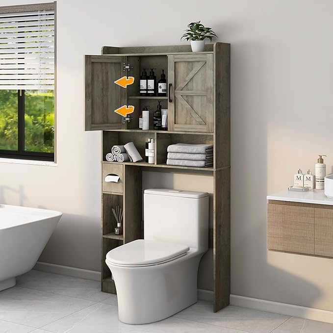 Over The Toilet Storage Cabinet, Farmhouse Storage Cabinet Over Toilet with 2 Barn Door & Toilet Paper Holder Stand，Home Space-Saving Toilet Rack, for Bathroom, Restroom, Laundry
