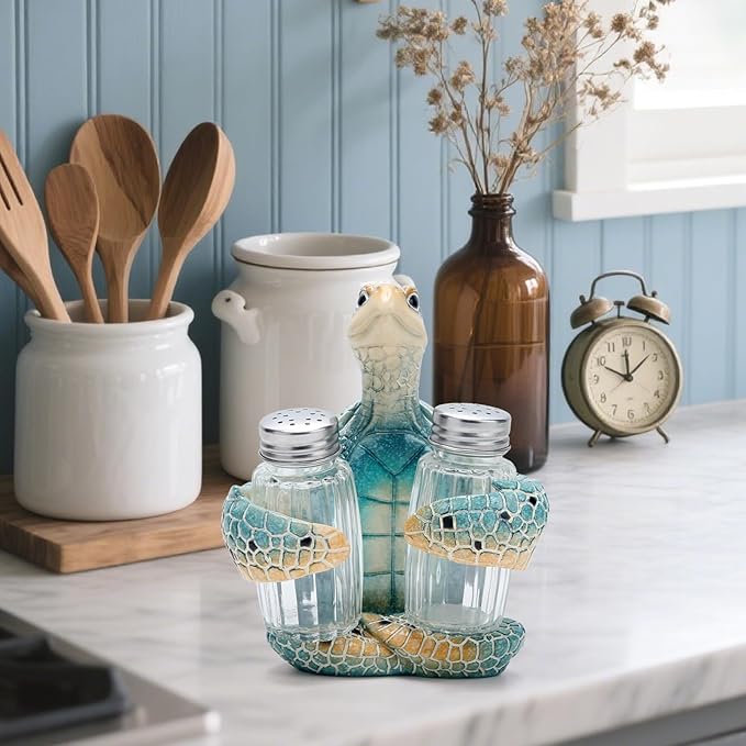Hodao ocean animals indoor home decorations sea turtle decorative figurines kitchen organization and storage-Ocean Theme kitchen decor salt and pepper shakers holder set ocean animal gifts (Turtle)