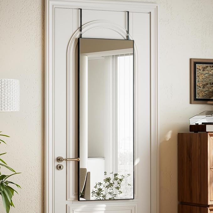 16" x 50" Adjustable Height Over The Door Mirror - Rectangular Full Length Hanging Door Mirror with Shatterproof Tempered Glass Black Metal Frame for Dormitory
