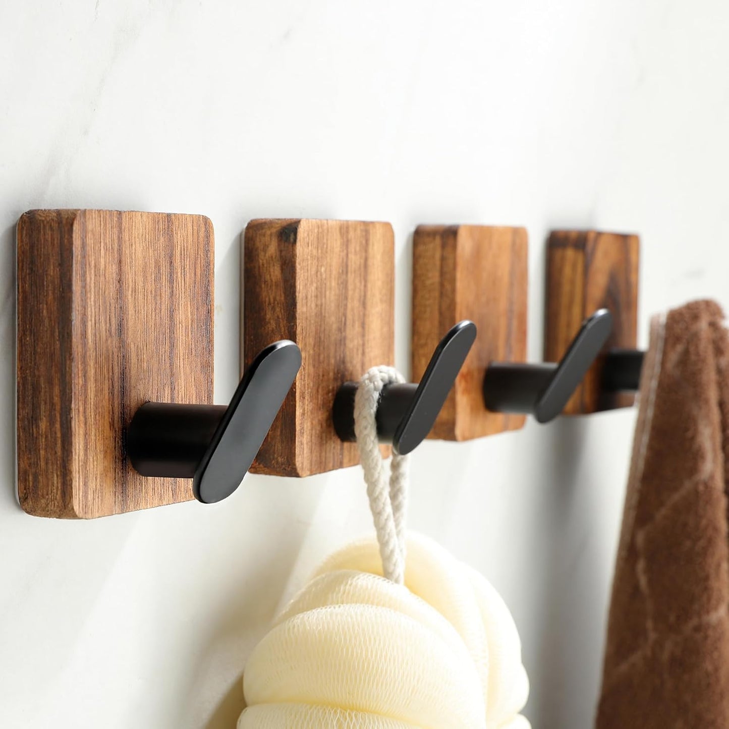 DELITON Towel Hooks for Bathrooms Adhesive, Wood Wall Hooks for Hanging Towels, Robes, Key, No Damage, 4 Pack Utility Hooks for Bathroom and Bedroom