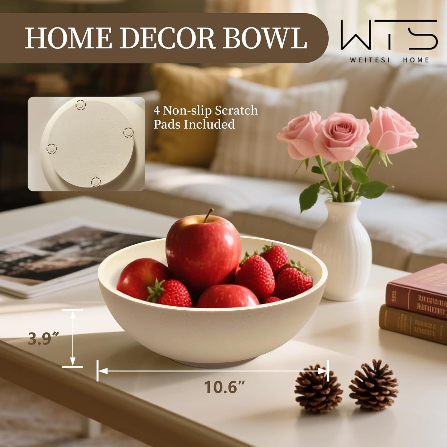 Large Fruit Bowl for Kitchen Counter, Pedestal Bowl Modern Handicraft Resin Decorative Bowl for Home Decor,Stylish Key Bowl for Entryway Table, Home Decor Accent, Centerpiece Bowl for Keys, Fruit