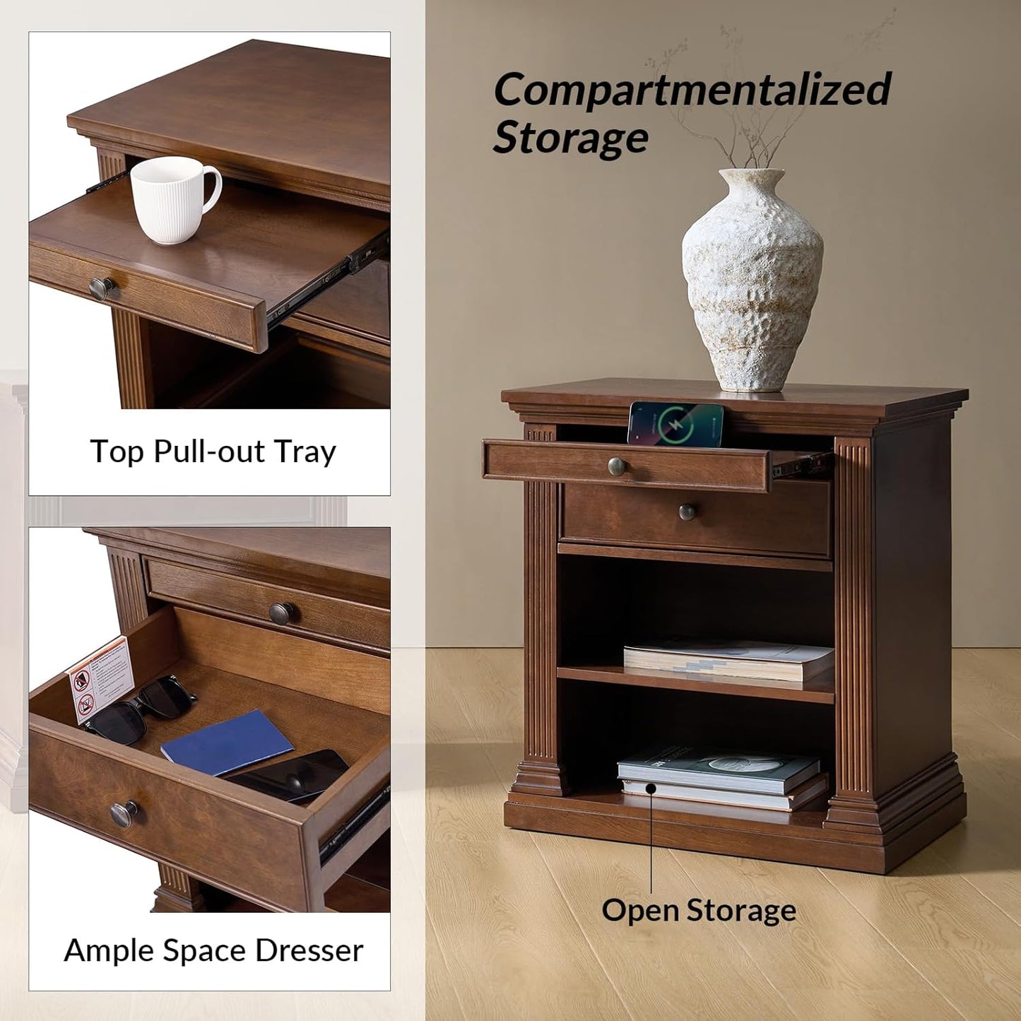 HULALA HOME Wood Nightstand with Tray and Storage Shelves, Traditional Design with Roman Column, End Table with Charging Station/LED, Walnut