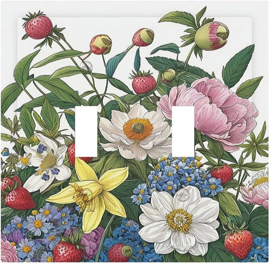 Spring Watercolor Flower Plant Strawberry Peony Floral Decorative Switch Plates 2 Gang Double Toggle Wall Plate Electrical Faceplate Outlet Light Switch Cover for Bedroom living Room Decor