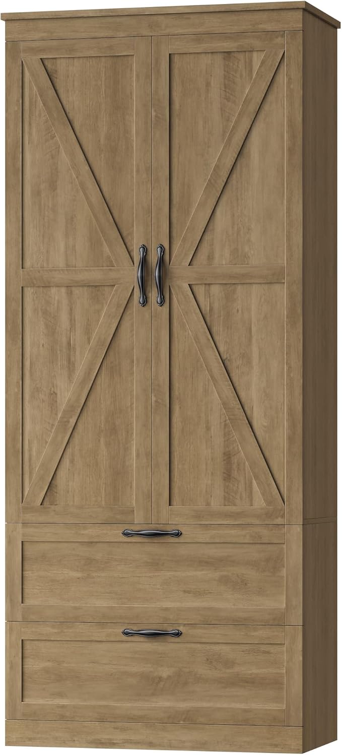 HOSTACK 70" Tall Kitchen Pantry Storage, Barn Doors Pantry Cabinet with Drawers and Adjustable Shelf, Modern Farmhouse Storage Cabinet for Kitchen, Dining Room, Living Room, Bathroom, Rustic Brown