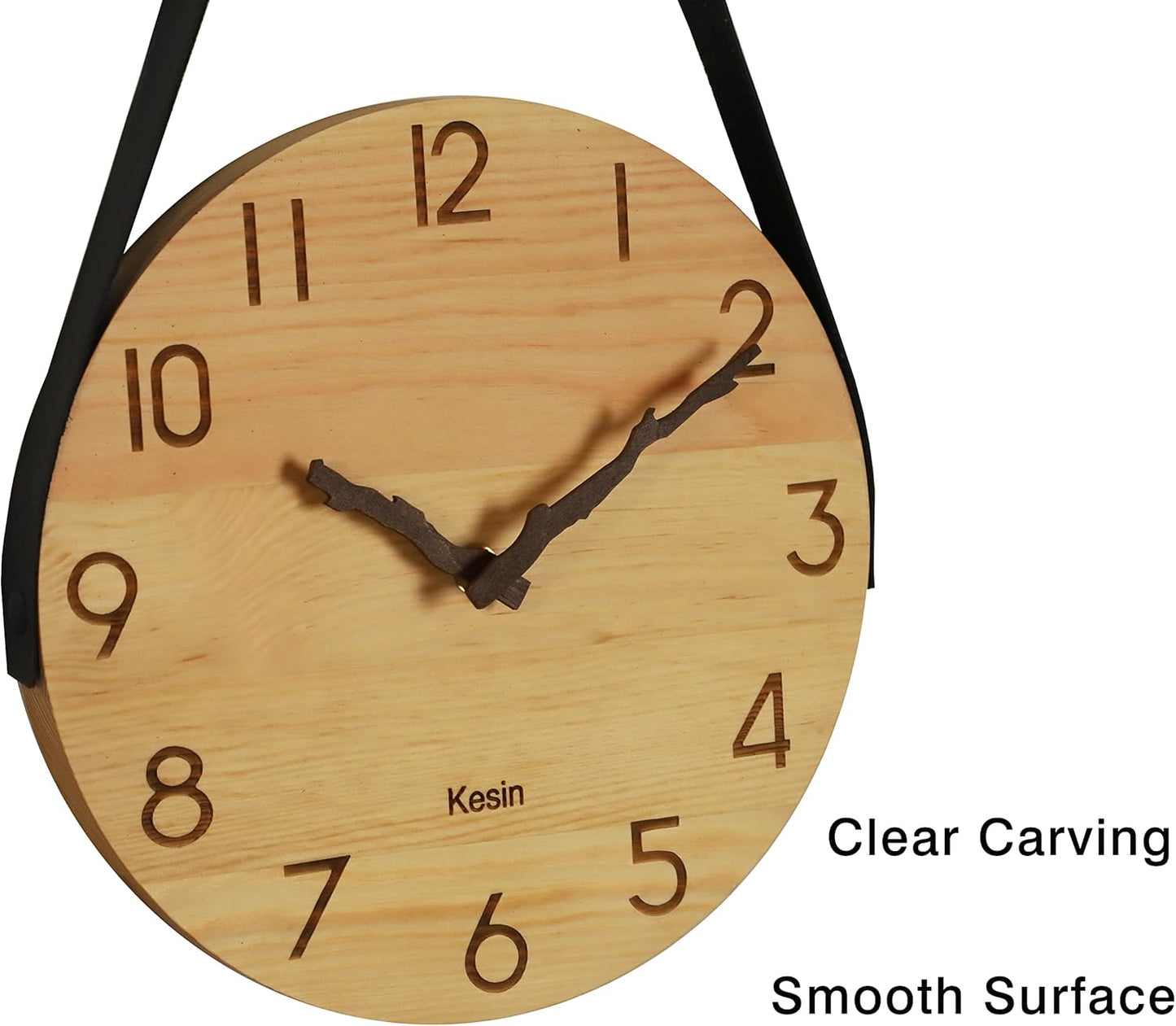 Kesin Wooden Wall Clocks 10 inch Silent Wall Clock Battery Operated Hand Made Round Farmhouse Clock with Rope Hanging Home Decor for Kitchen, Living Room, Bedroom, Office (Nature)