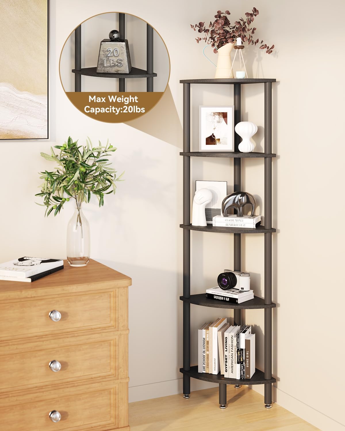 IBUYKE 5 Tier Corner Shelf Stand,Industrial Corner Display Rack,Corner Bookshelf for Living Room, Bedroom, Kitchen, Home Office, Black WBC010B
