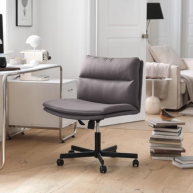 EMIAH Armless Office Desk Chairs with Wheels Criss Cross Chair PU-Leather Mid-Back Ergonomic Home Office Computer Comfortable Thickened Cushion Adjustable Swivel Chair-Chocolate Brown