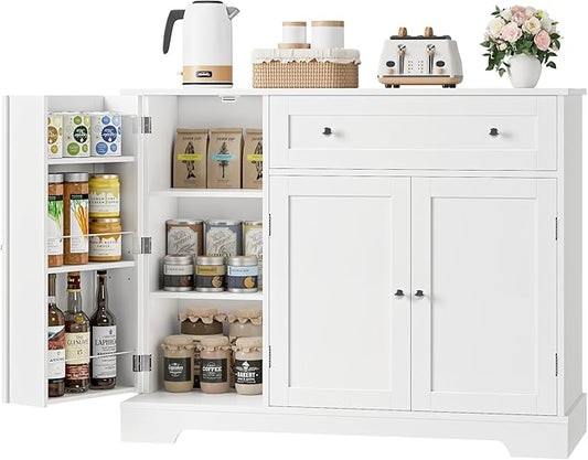 HOSTACK Buffet Cabinet with Storage, Modern Sideboard Buffet with Doors, Wood Coffee Bar Kitchen Storage Cabinet with Drawer and Adjustable Shelf for Kitchen, Dining Room, Living Room, White